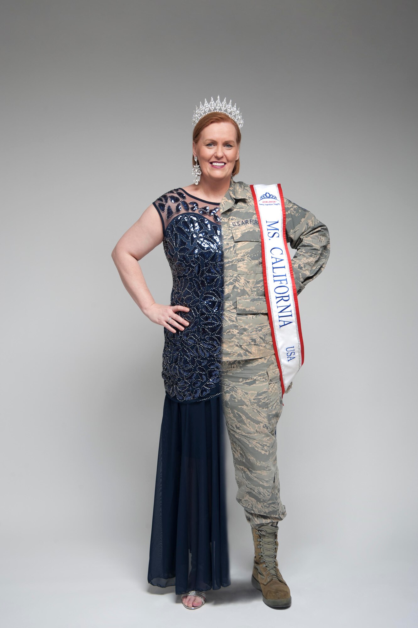 Master Sgt. Eileen Safford, 940th Maintenance Group training manager, Beale Air Force Base, California, is shown wearing her dress and crown on one side and her Air Force uniform on the other.