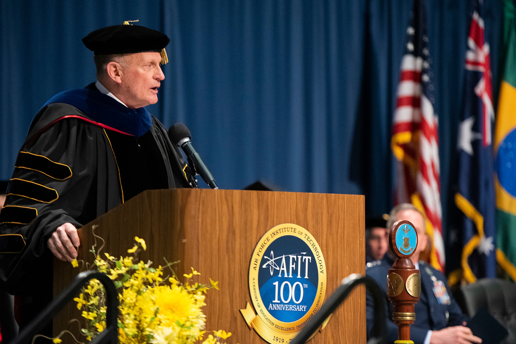 Dr. Todd I. Stewart, Air Force Institute of Technology director and chancellor, gives the opening remarks during the 2019 commencement ceremony March 21, 2019, at the National Museum of the U.S. Air Force, Wright-Patterson Air Force Base, Ohio.  Due to current concerns of COVID-19, a commencement ceremony for 2020 graduates was not held. AFIT’s Graduate School of Engineering and Management awarded 236 master’s degrees and seven doctorate degrees in science, technology, engineering and math fields. Two graduate student’s received dual master’s degrees (U.S. Air Force photo by R.J. Oriez)