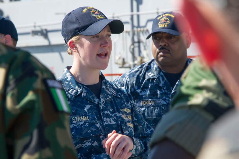 Navy officer answers questions from U.S. and international students of U.S. Army War College during tour of USS America, San Diego, California,
March 1, 2017 (U.S. Navy/Kyle Hafer)