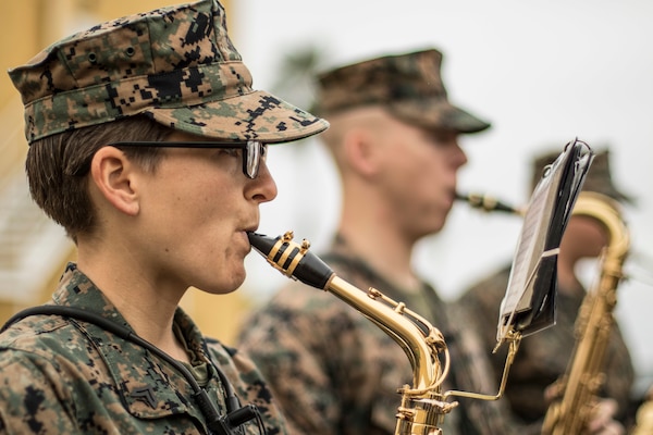 Marine Corps Cpl. Kelsey Worth plays the saxophone during a rehearsal at Marine Corps Recruit Depot San Diego, Calif., March 12.