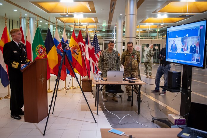 NAPLES, Italy (April 30, 2020) - Adm. James G. Foggo III, commander, U.S. Naval Forces Europe-Africa, and commander, Allied Joint Force Command Naples, speaks during the U.S. Naval Institute’s 147th annual meeting, held virtually, April 30, 2020. CNE-CNA-C6F, headquartered in Naples, Italy, oversees joint and naval operations, often in concert with Allied, joint, and interagency partners, in order to advance U.S. national interests and security and stability in Europe and Africa. (Photo by Master Sergeant OR-8 Florian Fergen/Released)