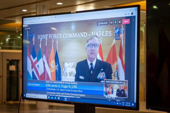 NAPLES, Italy (April 30, 2020) - Adm. James G. Foggo III, commander, U.S. Naval Forces Europe-Africa, and commander, Allied Joint Force Command Naples, speaks during the U.S. Naval Institute’s 147th annual meeting, held virtually, April 30, 2020. CNE-CNA-C6F, headquartered in Naples, Italy, oversees joint and naval operations, often in concert with Allied, joint, and interagency partners, in order to advance U.S. national interests and security and stability in Europe and Africa. (Photo by Master Sergeant OR-8 Florian Fergen/Released)