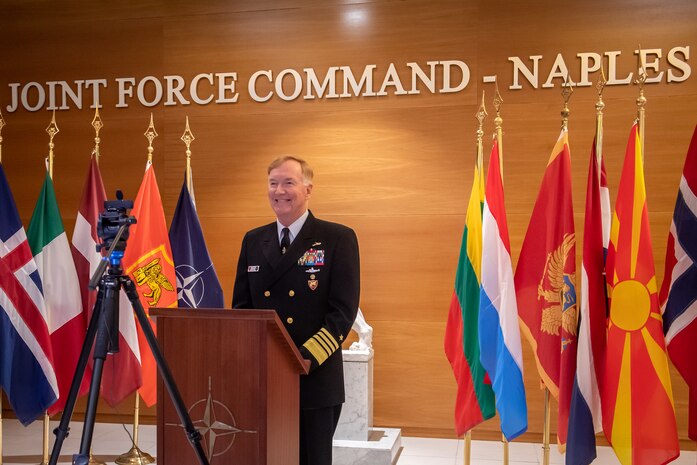 NAPLES, Italy (April 30, 2020) - Adm. James G. Foggo III, commander, U.S. Naval Forces Europe-Africa, and commander, Allied Joint Force Command Naples, speaks during the U.S. Naval Institute’s 147th annual meeting, held virtually, April 30, 2020. CNE-CNA-C6F, headquartered in Naples, Italy, oversees joint and naval operations, often in concert with Allied, joint, and interagency partners, in order to advance U.S. national interests and security and stability in Europe and Africa. (Photo by Master Sergeant OR-8 Florian Fergen/Released)