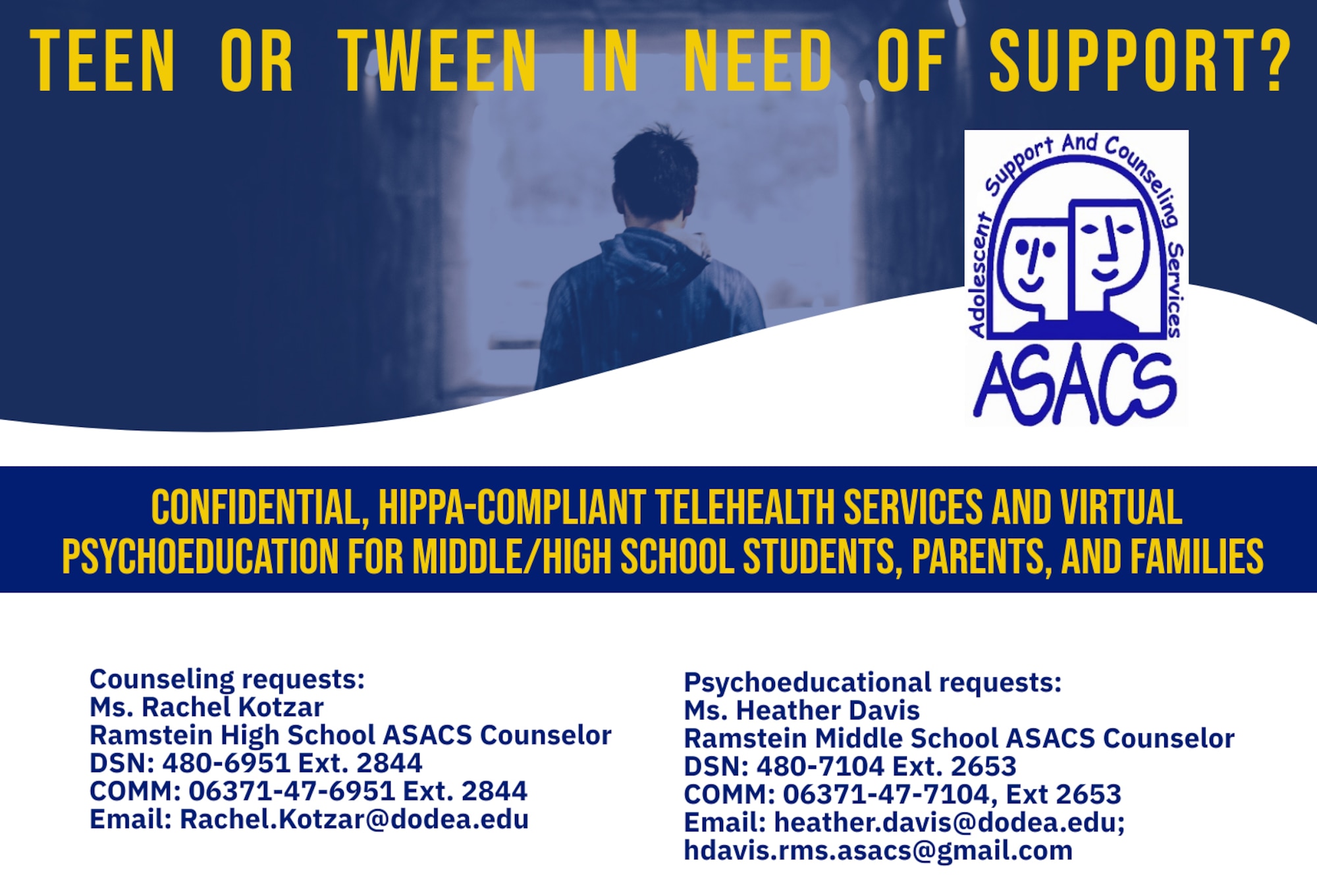 An informational graphic showing contact information for Adolescent Support and Counseling Services.