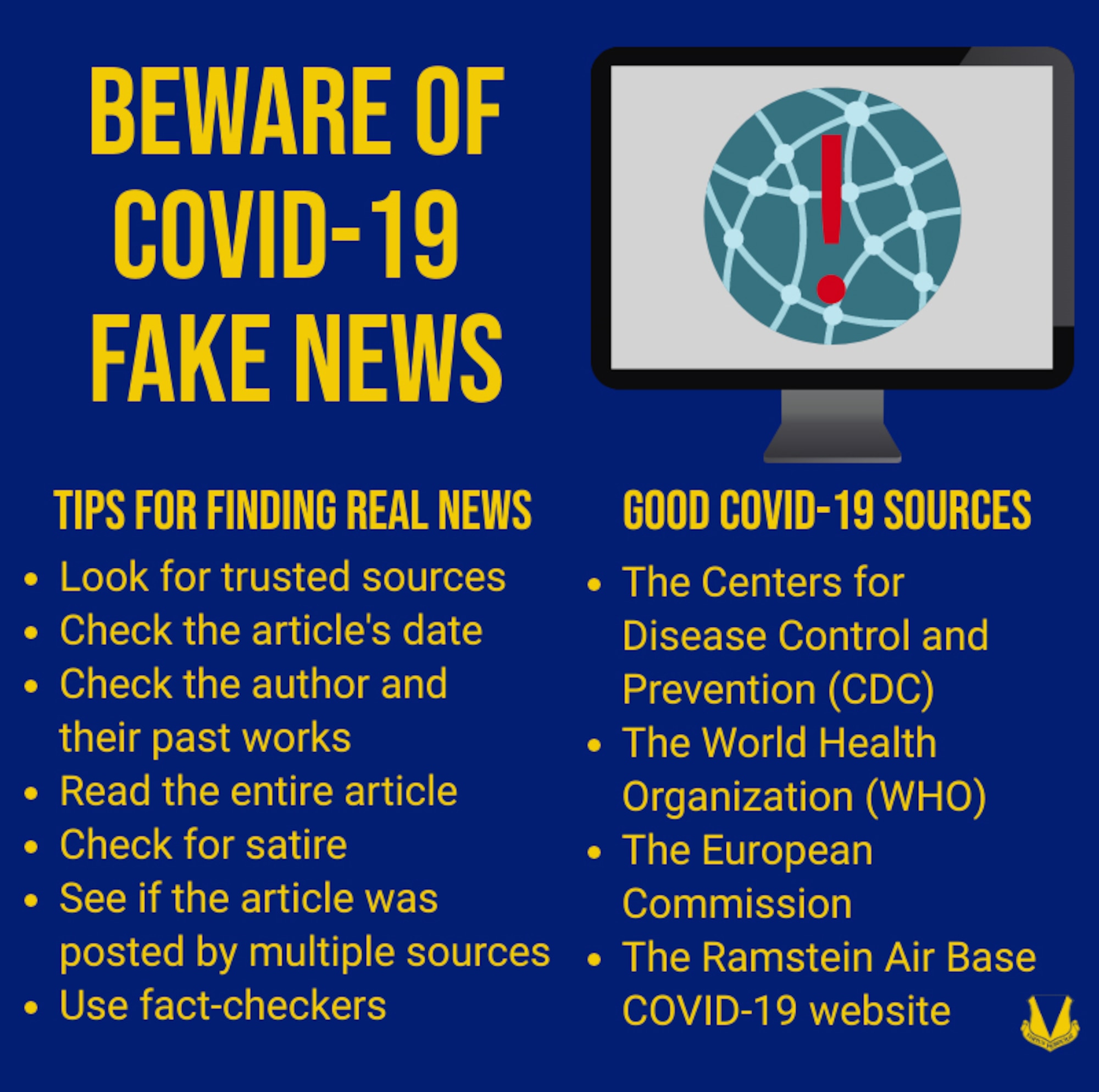 A graphic displaying good sources of COVID-19 news and tips for finding real news.
