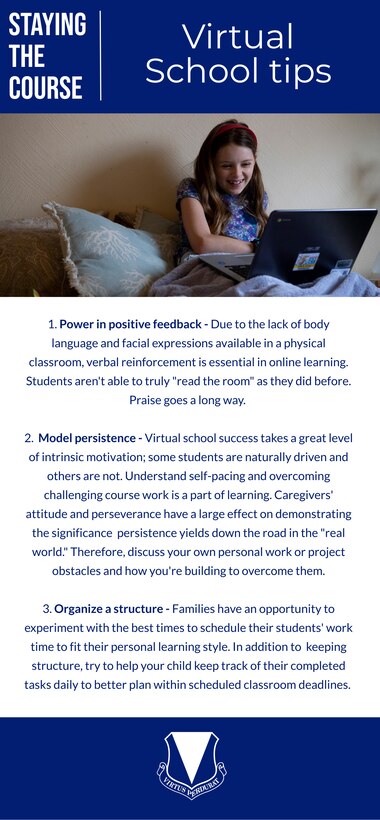 Graphic of girl smiling looking at her laptop completing school work and list of 3 tips