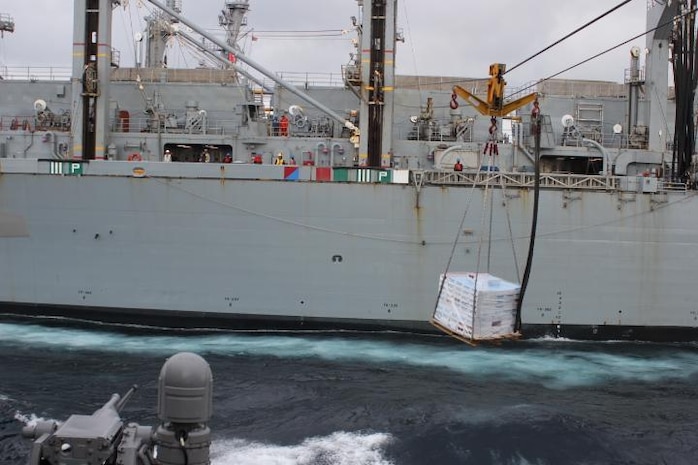 NORTH ATLANTIC (April 28, 2020) - The Arleigh Burke-class guided-missile destroyer USS Donald Cook (DDG 75) conducts a connected replenishment with USNS SUPPLY (T-AOE 6) to receive fuel and stores, April 28, 2020. CNE-CAN/C6F, headquartered in Naples, Italy, oversees joint and naval operations, often in concert with Allied, joint, and interagency partners, in order to advance U.S. national interests and security and stability in Europe and Africa. (U.S. Navy photo by Yeoman Third Class Anthony Nichols/Releaed)