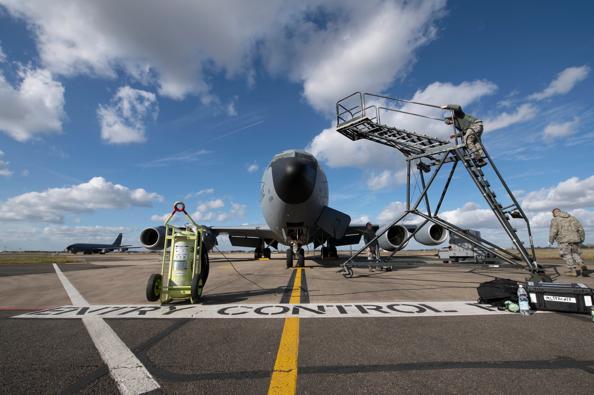 U.S. Air Force crew chiefs from the 100th Aircraft Maintenance Squadron conduct a preflight inspection on a KC-135 Stratotanker at RAF Mildenhall, England, March 5, 2019. Preflight inspections are conducted after recovering a KC-135 to ensure the aircraft are ready to fly again. (U.S. Air Force photo by Senior Airman Luke Milano)