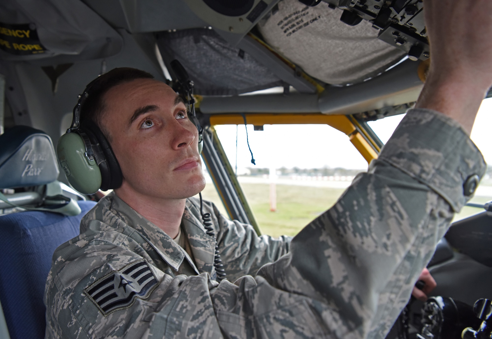 U.S. Air Force Staff Sgt. Trevor Woodruff, 100th Aircraft Maintenance Squadron flying crew chief and instrument and flight control systems craftsman, conducts routine maintenance aboard a KC-135 Stratotanker at RAF Mildenhall, England, Feb. 8, 2019. The 100th AMXS is comprised of six Air Force specialties: crew chiefs, hydraulics, electricians, propulsion, communication/navigation and instrument flight control systems Airmen. (U.S. Air Force photo by Airman 1st Class Brandon Esau)