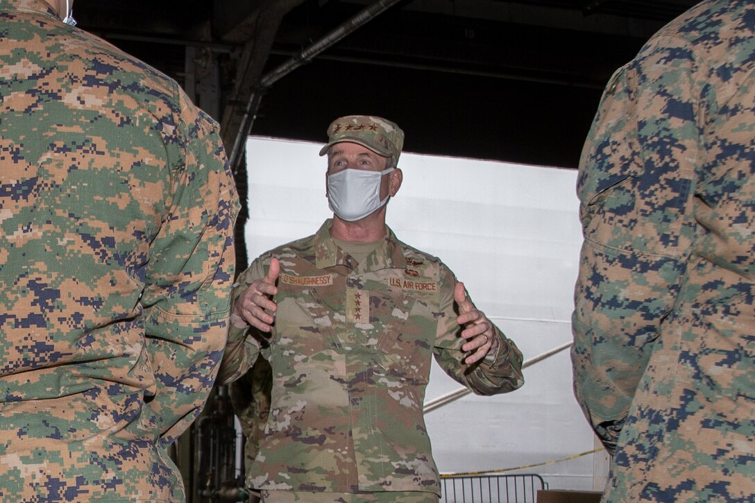 U.S. Air Force Gen. Terrence O'Shaughnessy, commander of North American Aerospace Defense Command and United States Northern Command visits U.S Marines with Lima Company, 3rd Battalion, 2nd Marine Regiment, Task Force New York in New York City, April 30, 2020. U.S Marines with Lima Company deployed from Camp Lejeune, North Carolina in support of the Department of Defense COVID-19 response. U.S. Northern Command, through U.S. Army North, is providing military support to the Federal Emergency Management Agency to help communities in need. (U.S. Marine Corps photo by Sgt. Stormy Mendez)
