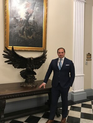 Lt. Col. Joseph Catalino, commander of the 919th Special Operations Medical Squadron, poses near the Secretary of War suite in the Eisenhower Office Building at the White House. (Courtesy photo)