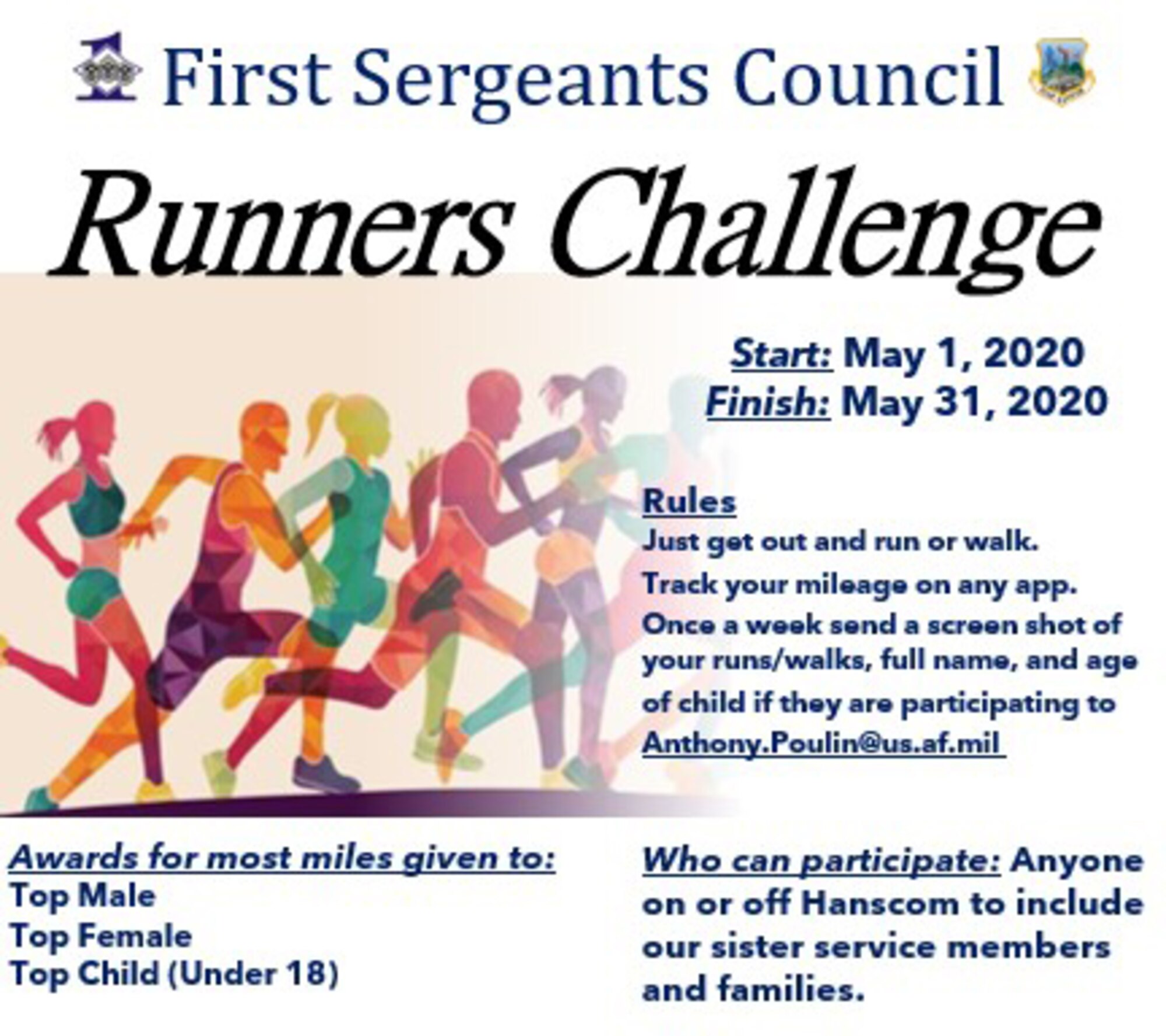 The Hanscom First Sergeants Council will host a 31-day run, walk challenge for all those who live or work on the installation. (U.S. Air Force graphic by Lance Beebe)