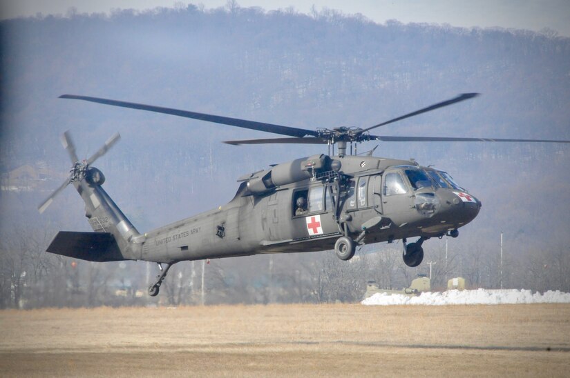 A UH-60 Black Hawk helicopter, operated by Soldiers with Charlie Company, 2-104th General Support Aviation Battalion, 28th Expeditionary Combat Aviation Brigade, takes off from Muir Army Airfield.