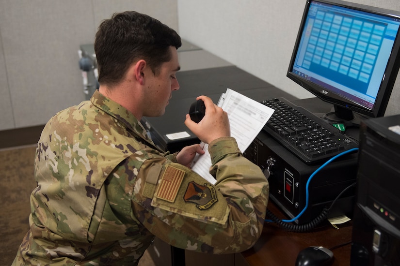 Airman 1st Class Joseph Arnold and Airman 1st Class Madison Henry, emergency actions controllers assigned to the 628th Air Base Wing Command Post, monitor conditions at Joint Base Charleston, S.C., April 20, 2020. Among many other duties, the command post is in charge of emergency action messages and emergency management. Arnold and Henry played a key part in alerting  joint base personnel about the tornadoes that occurred in Charleston, SC, in the early morning of April 13, 2020.