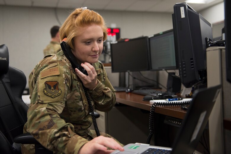 Airman 1st Class Madison Henry, an emergency actions controller assigned to the 628th Air Base Wing Command Post, sends out an AtHoc warning-system alert to the Naval Weapons Station over the Navy’s communications server at Joint Base Charleston, S.C., April 20, 2020. The system alerts personnel across user devices such as computer notifications, emails, phone and text messages based on contact information entered by the users. Henry also notified other emergency response agencies during the alert notification. She played a key part in alerting joint base personnel about the tornadoes that occurred in Charleston, SC, in the early morning of April 13, 2020.
