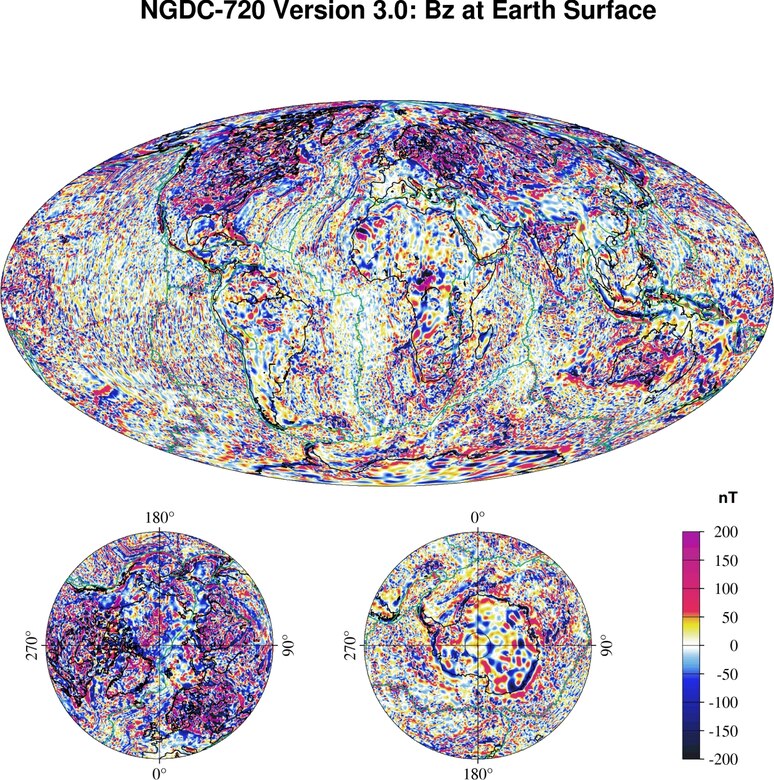 The crustal field, shown here, is weaker than the core field, but is fixed and has features that are useful in non-GPS navigation. The intensity of the fields are measured in nano teslas (nT), shown increasing in strength from blue to red. (Courtesy graphic)
