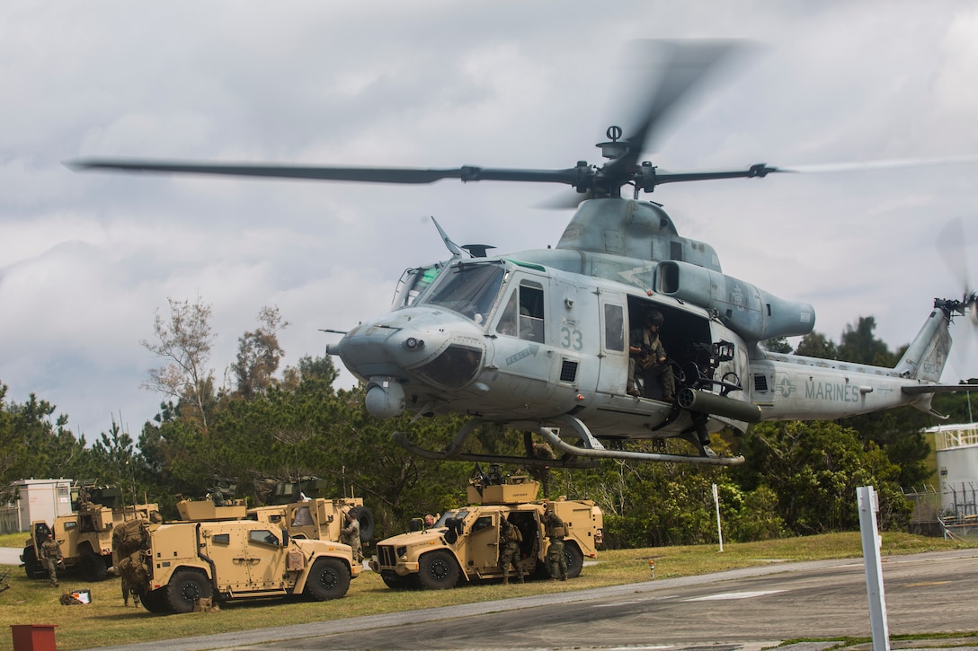 A UH-1Y Venom helicopter takes off after conducting a forward arming and refueling point exercise March 28.