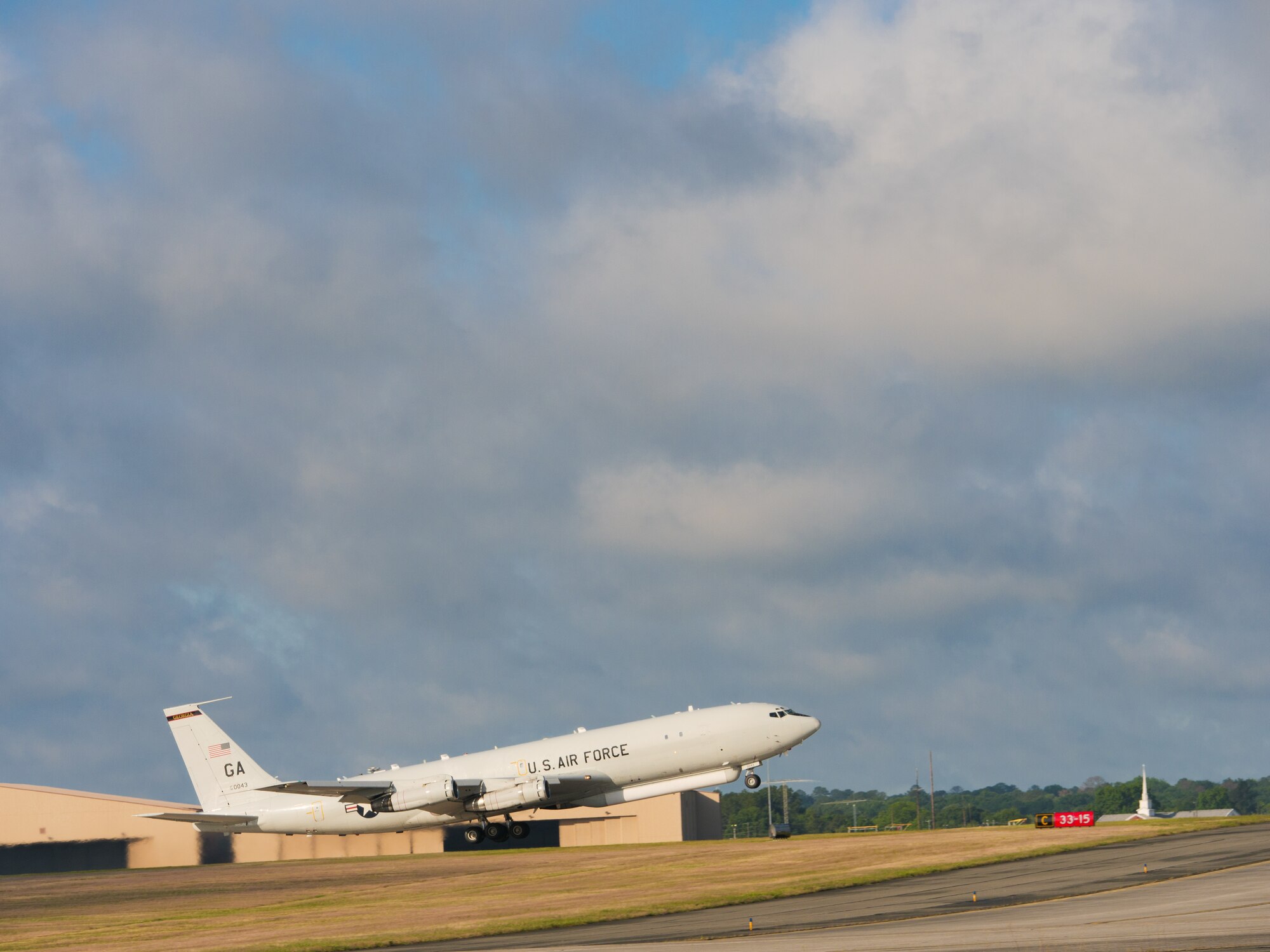 Photo shows a JSTARS aircraft taking off.