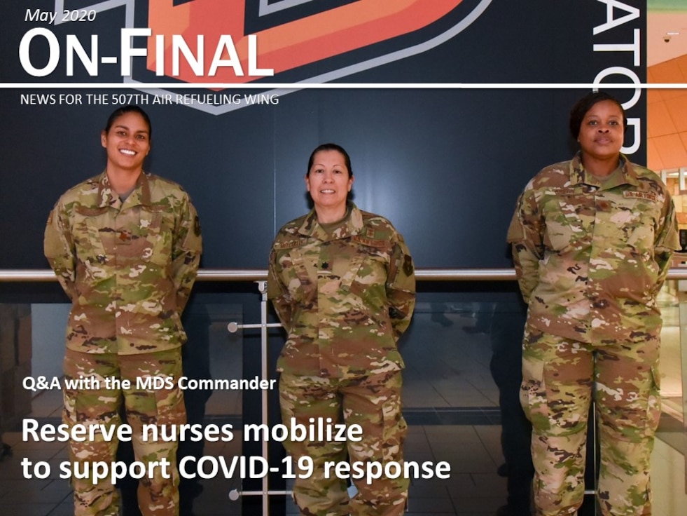 Maj. Lisa Morris, Lt. Col. Esther Mitchell and Maj. Jolina Griffin, nurses with the 507th Medical Squadron at Tinker Air Force Base, Oklahoma, prepare to deploy to help the fight against COVID-19 April 7, 2020. The deployment is part of a larger mobilization package of more than 120 doctors, nurses and respiratory technicians Air Force Reserve units across the nation provided within 48 hours in support of COVID-19 response to take care of Americans. (U.S. Air Force graphic by Senior Airman Mary Begy)