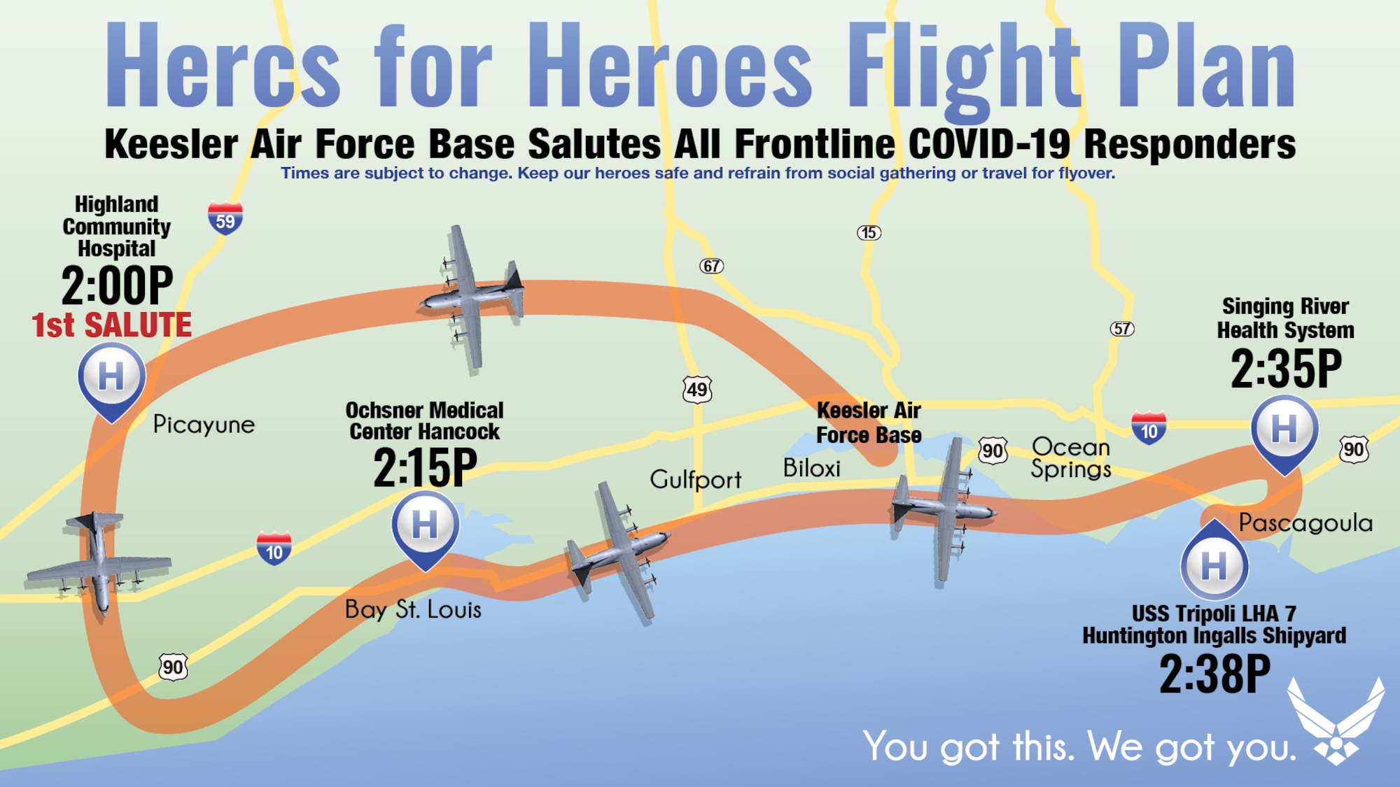 The 403rd Wing is planning an additional flyby for Picayune, Bay Saint Louis, and Pascagoula the afternoon of May 5 in honor of health-care workers, first responders, and essential personnel battling the spread of COVID-19. (U.S. Air Force graphic)