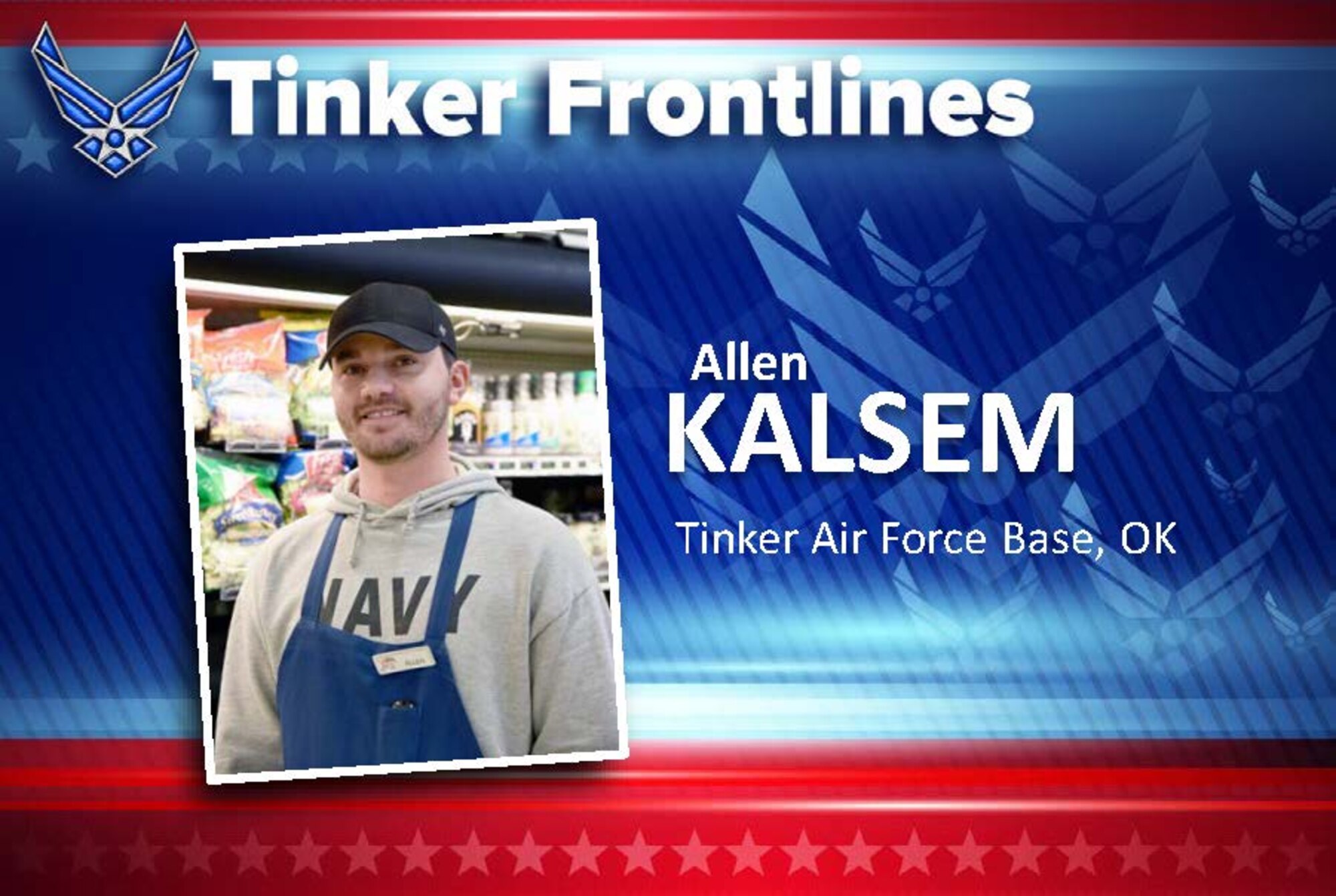 Allen Kalsem works in the produce section of the Tinker Commissary and has worked at the store for about six months. His duties include stocking shelves as quickly as possible after trucks come in and cleaning and disinfecting the produce area.