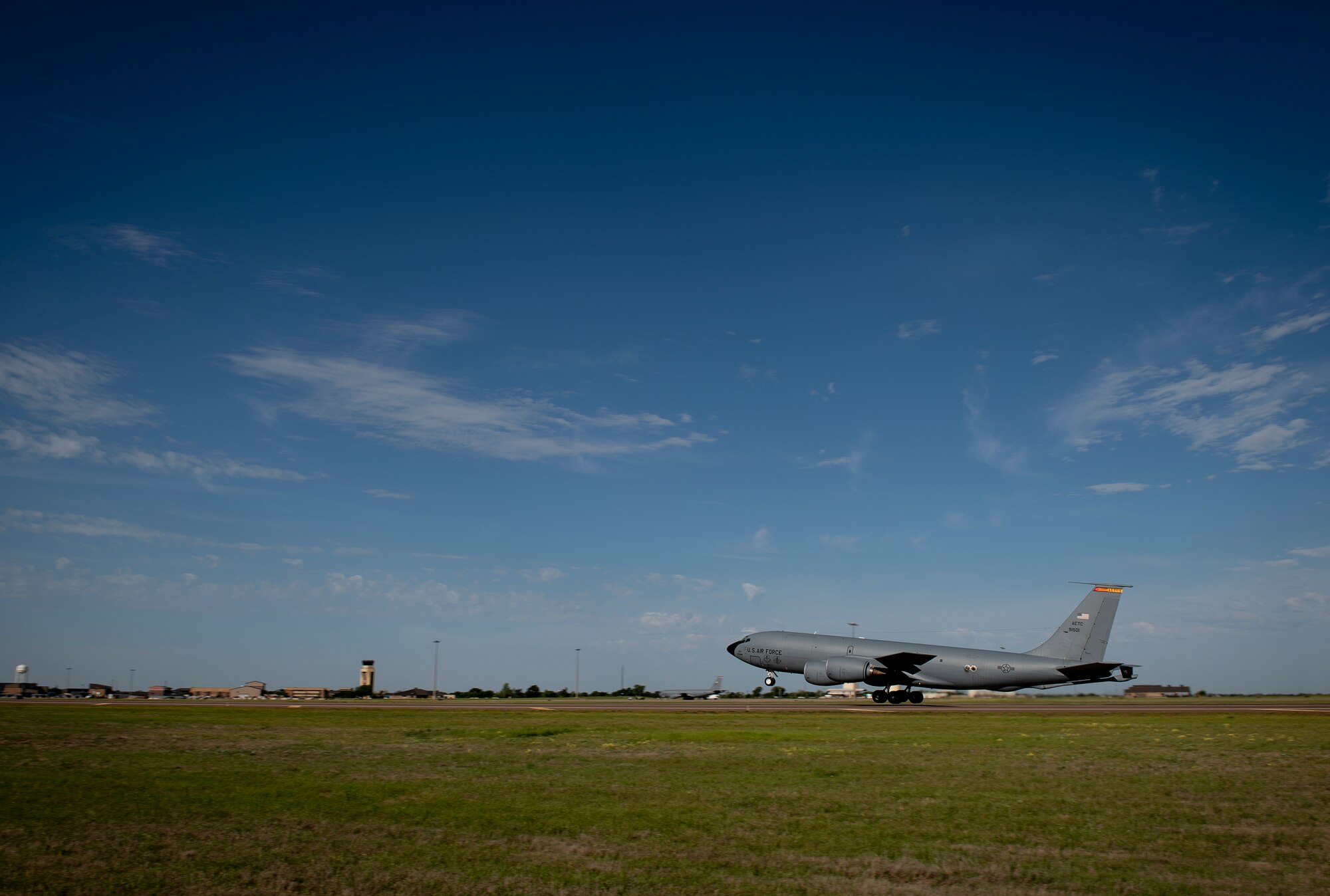 A U.S. Air Force KC-135 Stratotanker assigned to the 54th Air Refueling Squadron, takes off from Altus Air Force Base, Oklahoma, in support of essential personnel fighting COVID-19, May 1, 2020.
