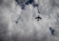 A U.S. Air Force KC-135 Stratotanker assigned to the 54th Air Refueling Squadron flies over Jackson County Memorial Hospital in Altus, Oklahoma, May 1, 2020.