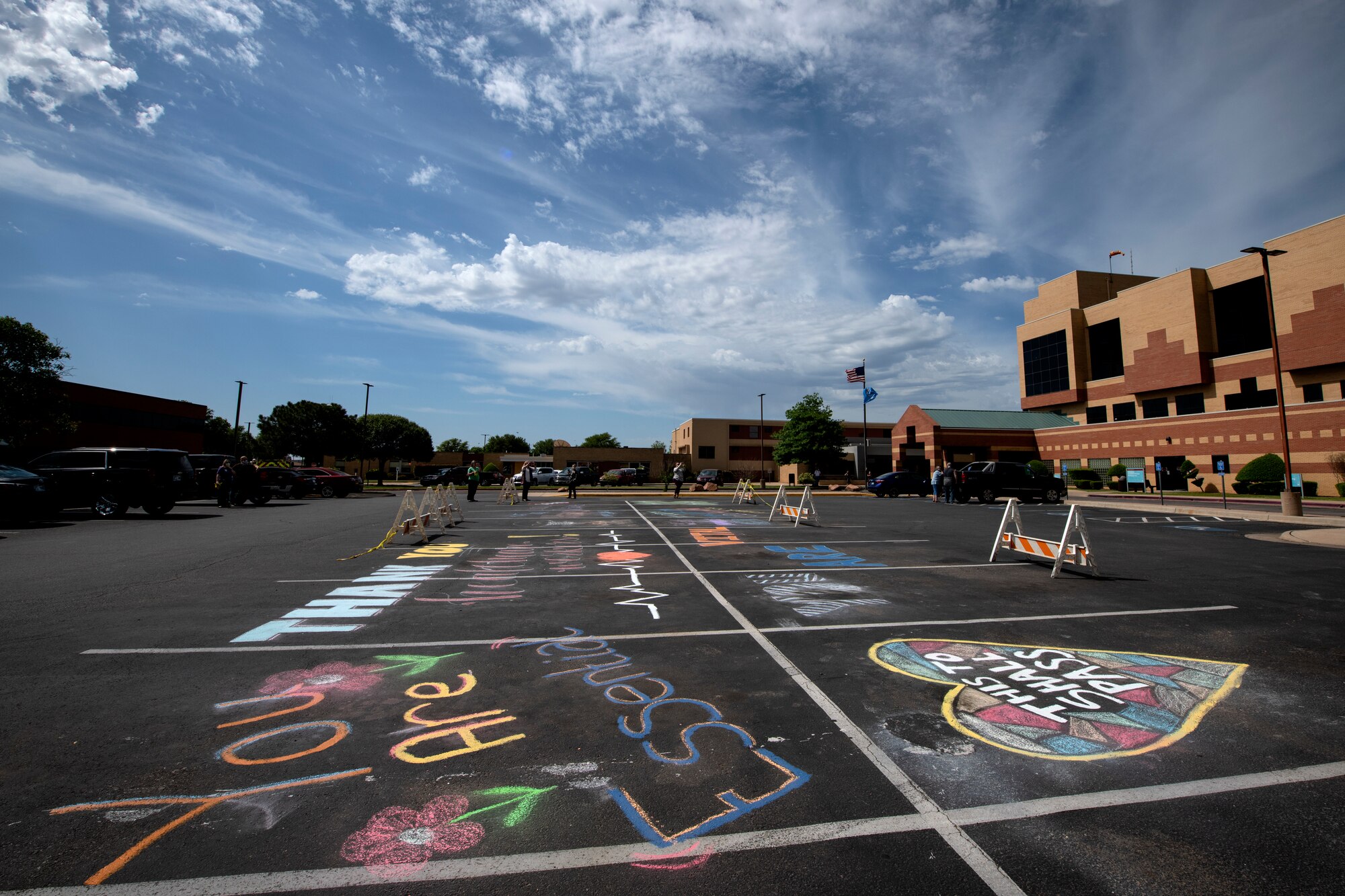 Messages of encouragement and support were drawn in the parking lot at Jackson County Memorial Hospital in Altus, Oklahoma, May 1, 2020.