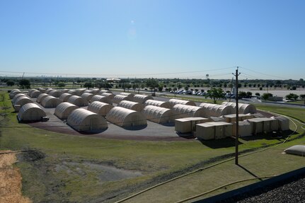 Joint Base San Antonio-Lackland built a tent city to house personnel due to COVID-19 social distancing practices which lowers the population density in existing dorms.