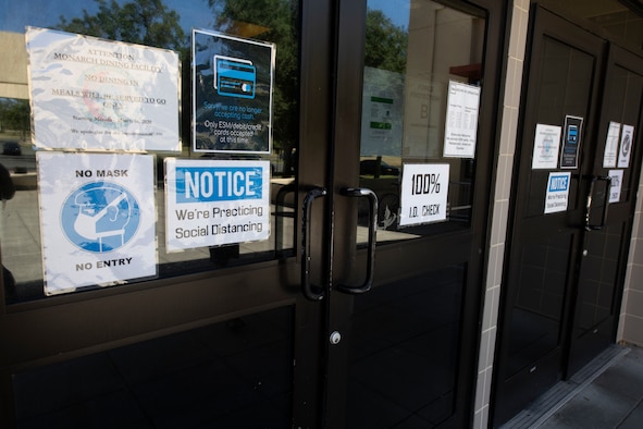The Monarch Dining Facility is open for lunch April 24, 2020, at Travis Air Force Base, California. The Monarch is offering to-go meals for service members only due to the coronavirus pandemic. (U.S. Air Force photo by Tech. Sgt. James Hodgman)