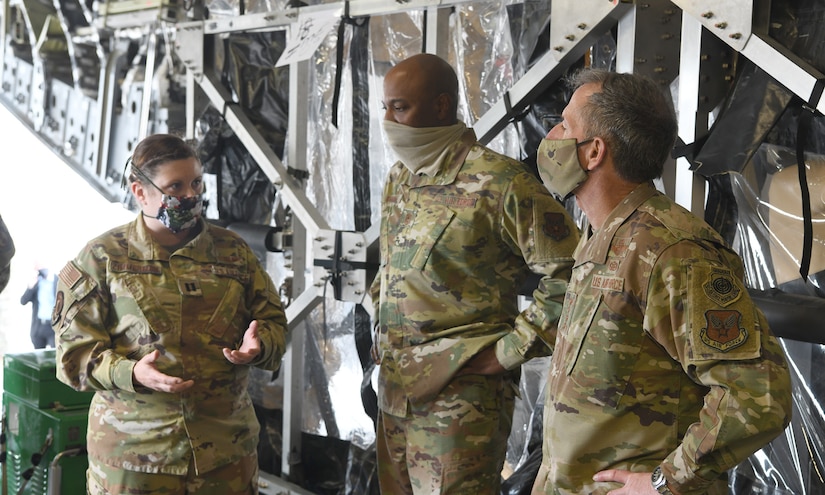Chief of Staff of the Air Force General David L. Goldfein and Chief Master Sergeant of the Air Force Kaleth O. Wright are briefed about the Transportation Isolation System at Joint Base Charleston, S.C., April 30, 2020. The senior leaders visited JB Charleston to observe many of the precautions and systems used here in response to the current COVID-19 situation (U.S. Air Force photo by Senior Airman Cody R. Miller)