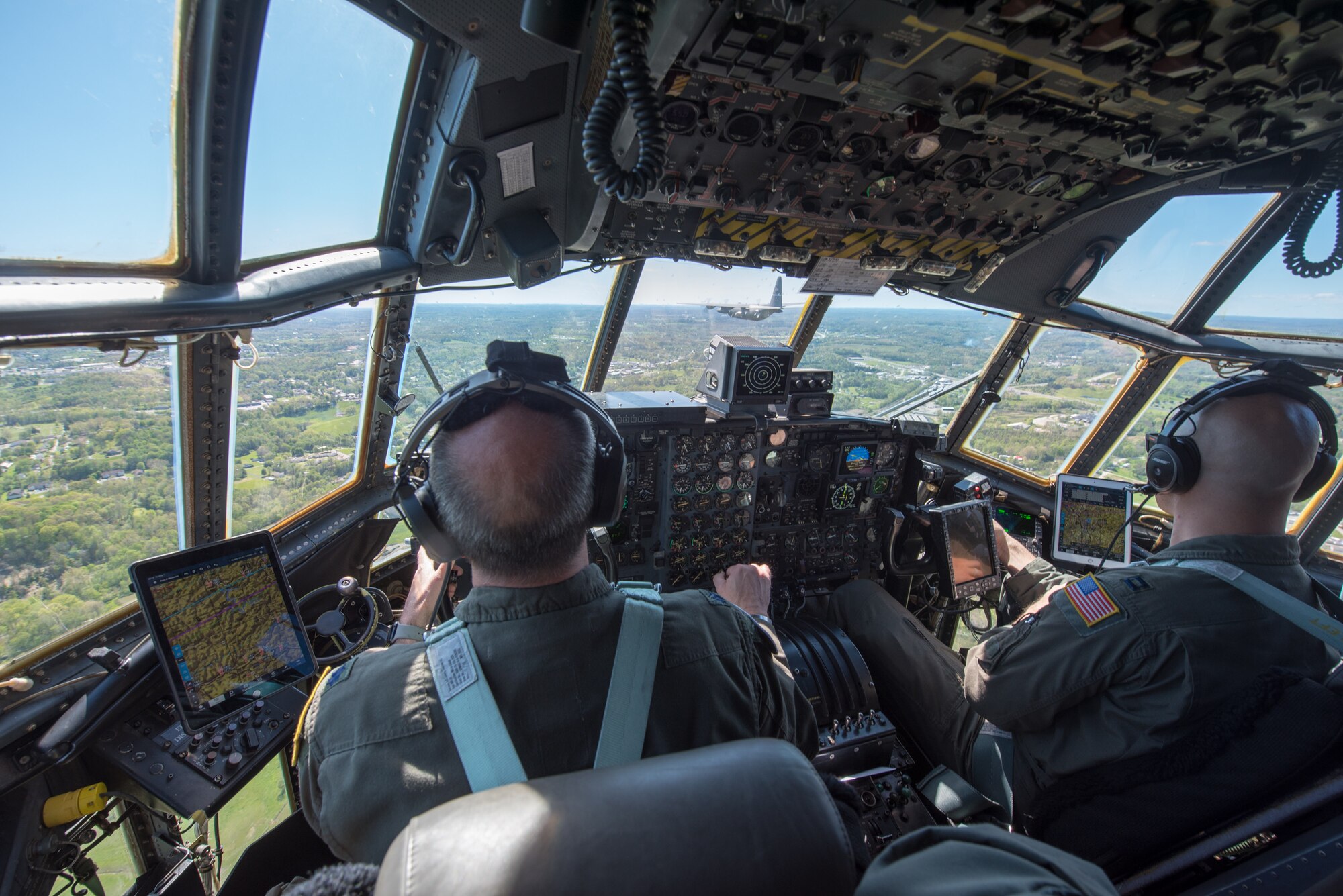 A Kentucky Air National Guard C-130 Hercules flies over the commonwealth of Kentucky as part of Operation American Resolve on Friday, May 1, 2020.  The 123rd Airlift Wing sent two C-130s for the aerial demonstration that is a nationwide salute to all those supporting COVID-19 response efforts. The flyover is intended to lift morale during a time of severe health and economic impacts that have resulted from COVID-19. (U.S. Air National Guard photo by Phil Speck)