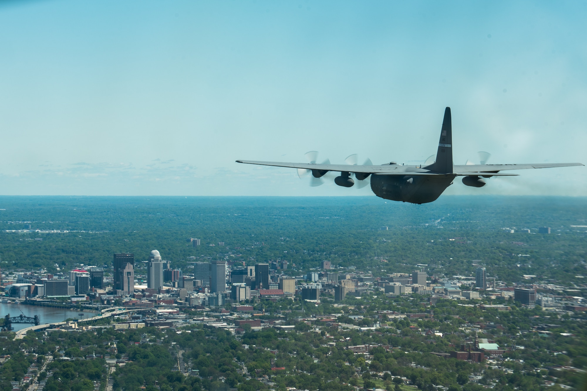 A Kentucky Air National Guard C-130 Hercules flies over the commonwealth of Kentucky as part of Operation American Resolve on Friday, May 1, 2020.  The 123rd Airlift Wing sent two C-130s for the aerial demonstration that is a nationwide salute to all those supporting COVID-19 response efforts. The flyover is intended to lift morale during a time of severe health and economic impacts that have resulted from COVID-19. (U.S. Air National Guard photo by Phil Speck)