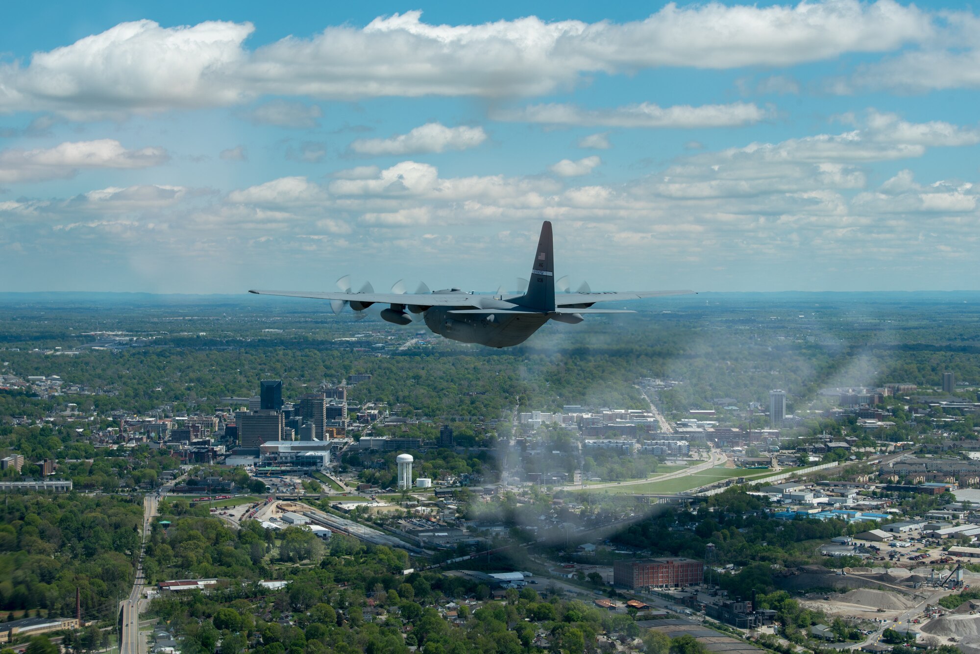 A Kentucky Air National Guard C-130 Hercules flies over the commonwealth of Kentucky as part of Operation American Resolve on Friday, May 1, 2020.  The 123rd Airlift Wing sent two C-130s for the aerial demonstration that is a nationwide salute to all those supporting COVID-19 response efforts. The flyover is intended to lift morale during a time of severe health and economic impacts that have resulted from COVID-19. (U.S. Air National Guard photo by Phil Speck)