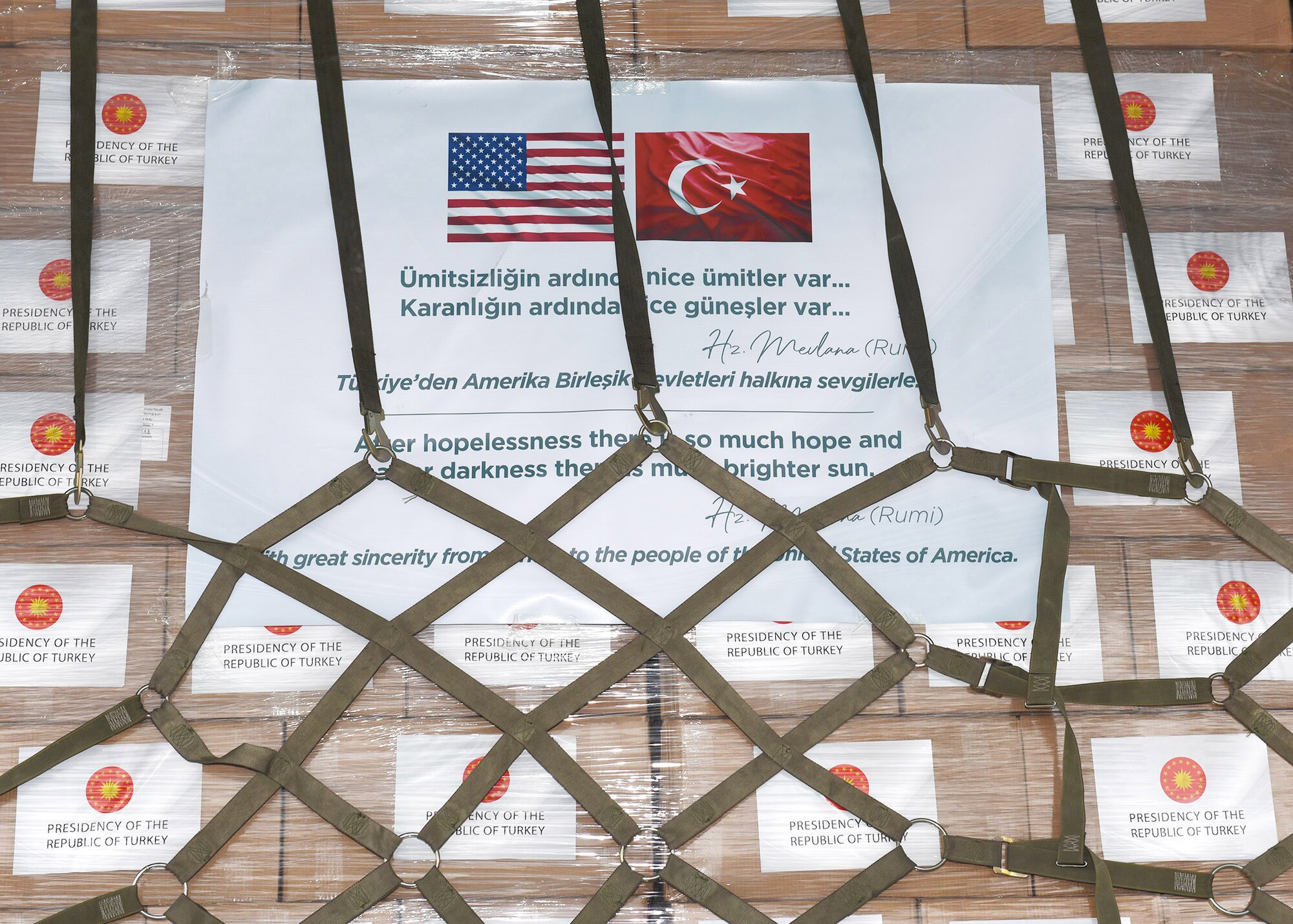 Boxes of COVID-19 medical supplies sit aboard a Turkish Airbus A400M Atlas during a stop at RAF Mildenhall, England, April 28, 2020. Team Mildenhall Airmen were on hand to refuel the aircraft on the ground before it continued on to Joint Base Andrews, Md., to deliver the supplies. (U.S. Air Force photo by Karen Abeyasekere)