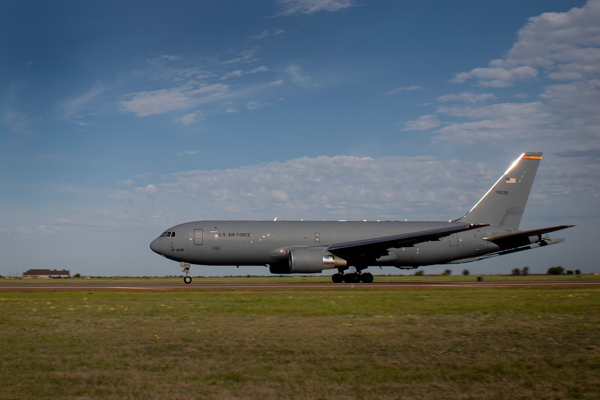 A U.S. Air Force KC-46 Pegasus assigned to the 56th Air Refueling Squadron, takes off from Altus Air Force Base, Oklahoma, in support of essential personnel fighting COVID-19, May 1, 2020.