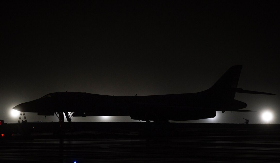 A 9th Expeditionary Bomb Squadron B-1B Lancer sits on the flightline at Andersen Air Force Base, Guam, May 1, 2020. Approximately 200 Airmen and four B-1s assigned to the 7th Bomb Wing at Dyess AFB, Texas, deployed to the Pacific in support of Bomber Task Force. The BTF is deployed to Andersen AFB to support Pacific Air Forces’ training efforts with allies, partners and joint forces; and strategic deterrence missions to reinforce the rules-based order in the Indo-Pacific region. (U.S. Air Force photo by Senior Airman River Bruce)