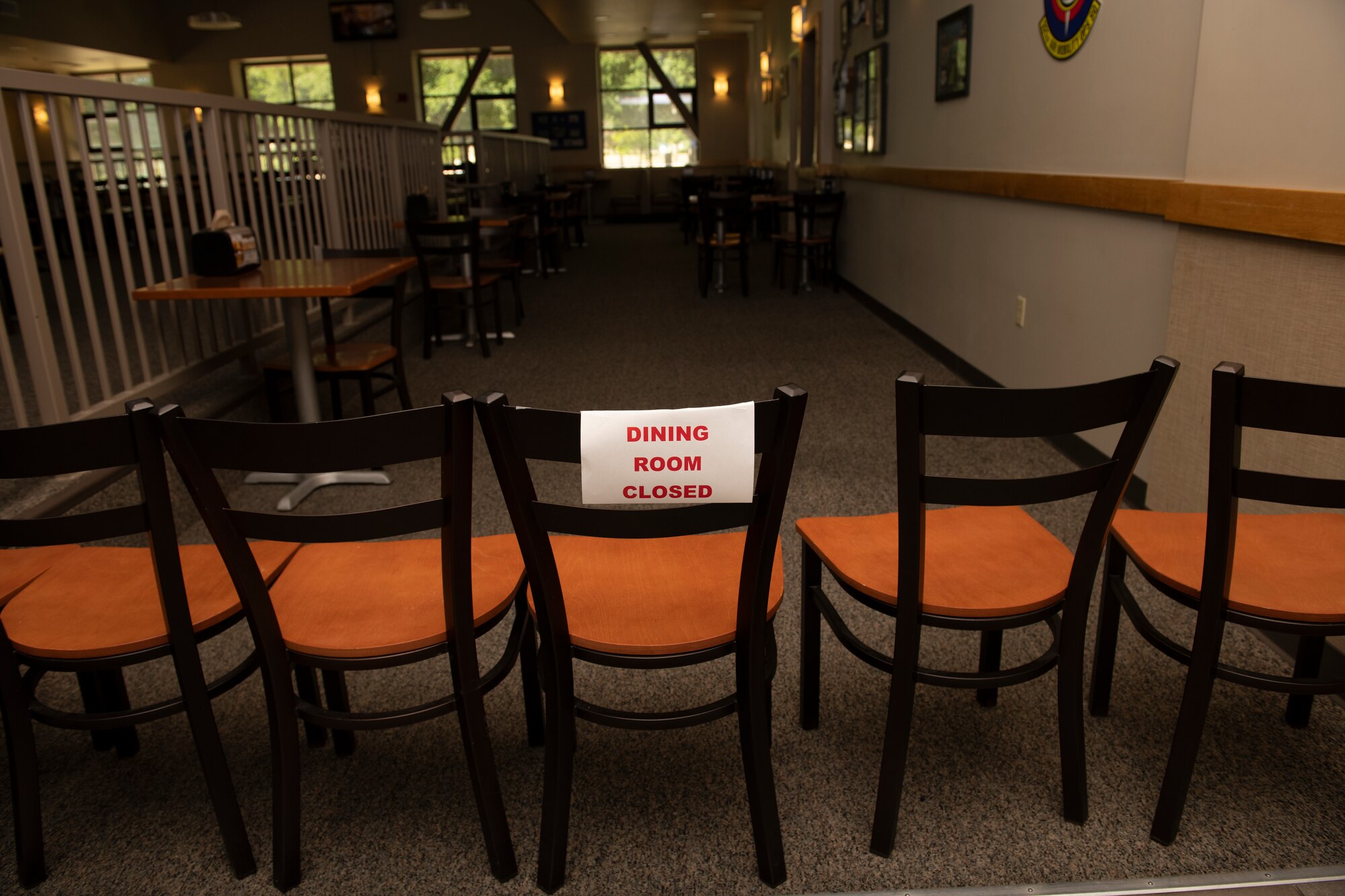 The dining room inside the Monarch Dining Facility is closed April 24, 2020, at Travis Air Force Base, California. The Monarch is offering to-go meals to service members only due to the coronavirus pandemic. Both the facility’s dining rooms are closed. (U.S. Air Force photo by Tech. Sgt. James Hodgman)