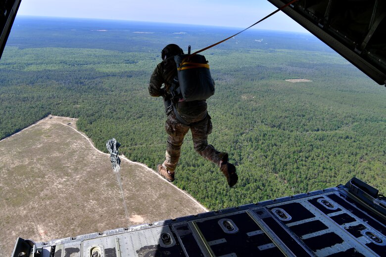 Master Sgt. Ed Dawejko, 19th Operations Support Squadron Survival Evasion Resistance and Escape specialist, performs a static-line jump over Sontay drop zone, Florida.