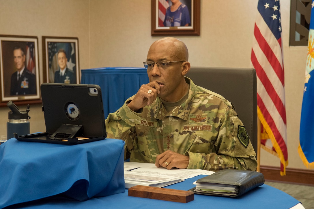 Gen. CQ Brown, Jr., Pacific Air Forces commander, participates in a virtual teleconference call with air chiefs at Headquarters PACAF building on Joint Base Pearl Harbor-Hickam, Hawaii, April 29, 2020. Discussion focused on sharing lessons learned regarding COVID-19 response, desires for resuming engagement and exercises in a post COVID world, and a commitment to continued cooperation across the Indo-Pacific region. (U.S. Air Force photo by Staff Sgt. Mikaley Kline)
