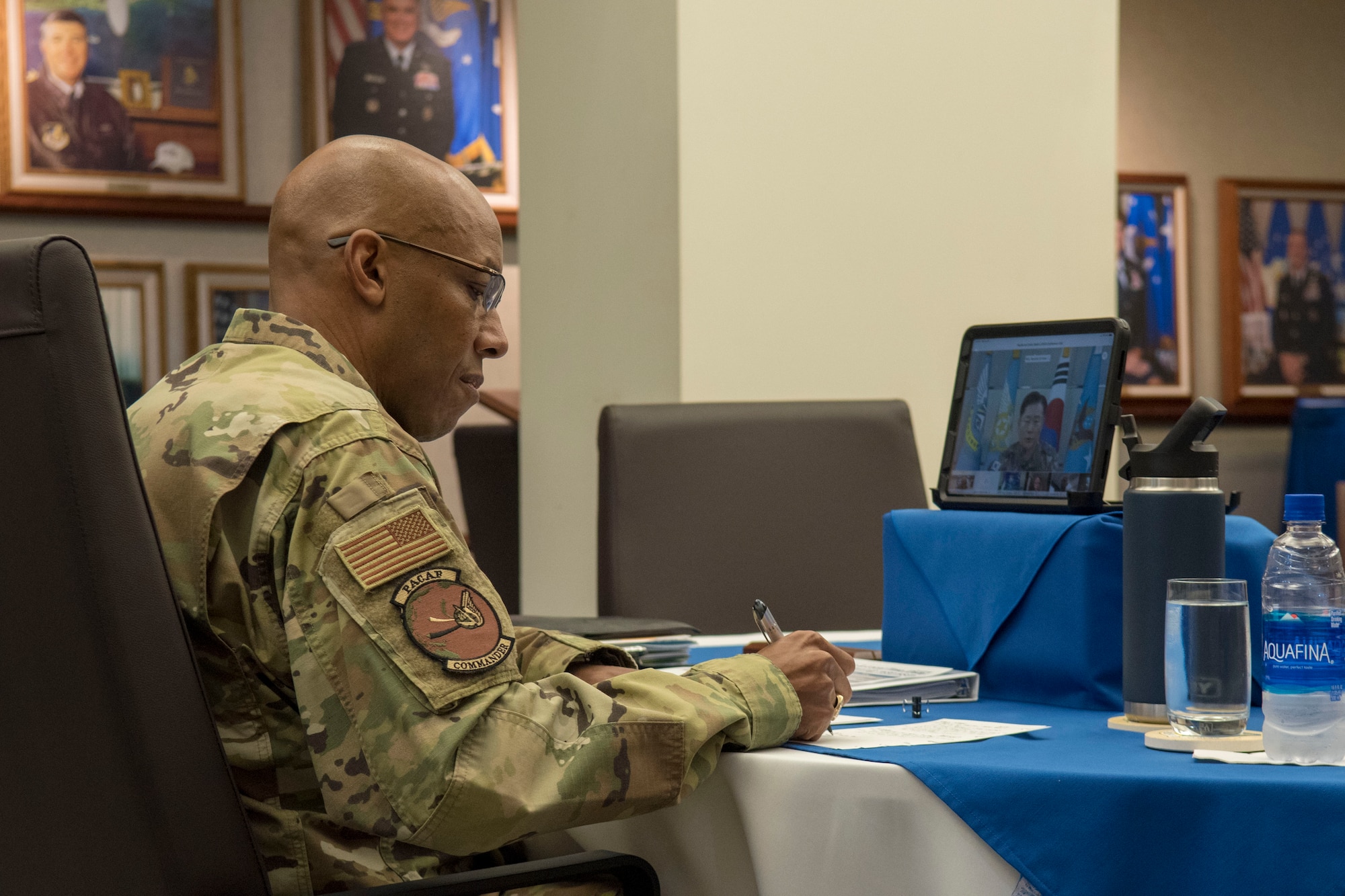 Gen. CQ Brown, Jr., Pacific Air Forces commander, participates in a virtual teleconference call with air chiefs at the Headquarters PACAF building on Joint Base Pearl Harbor-Hickam, Hawaii, April 29, 2020. The teleconference was intended to increase cooperation with allies and partners in support of a free and open Indo-Pacific. (U.S. Air Force photo by Staff Sgt. Mikaley Kline)