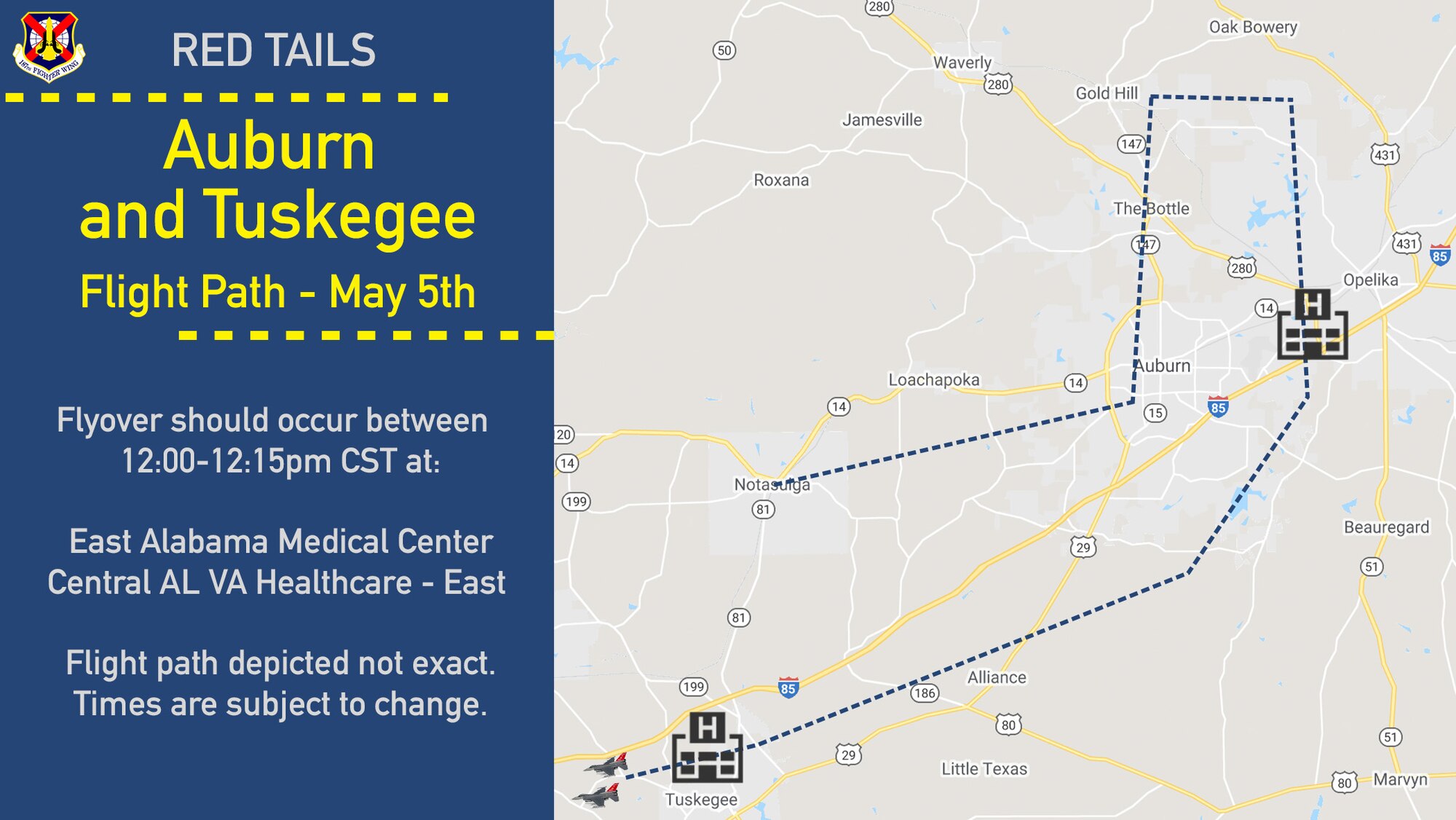 Auburn and Tuskegee Flight path graphic