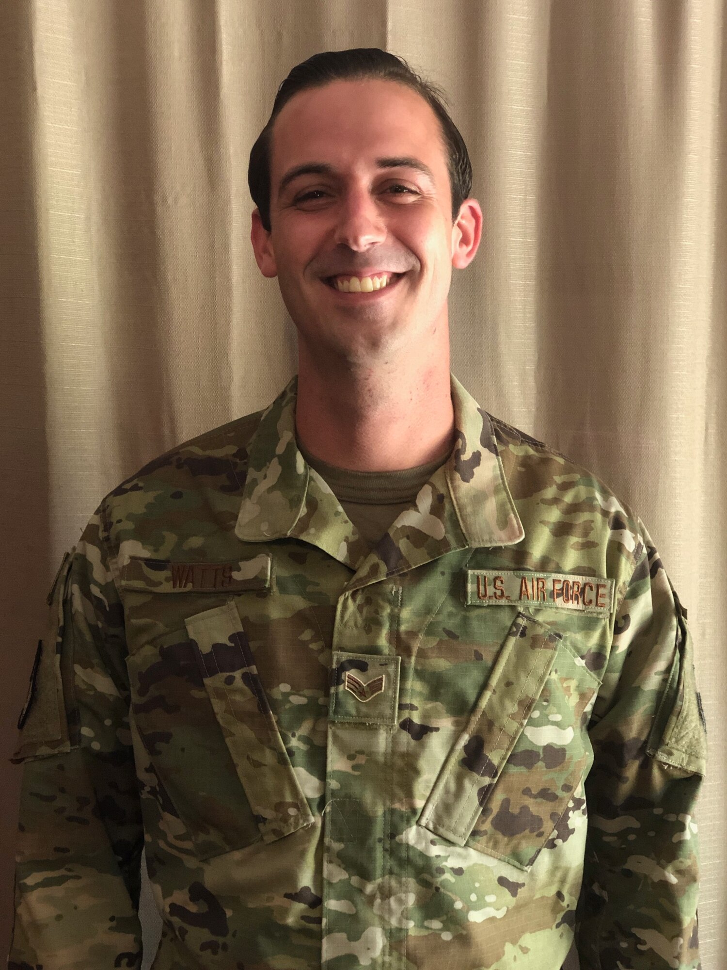 Senior Airman Hardy Watts, 403rd Security Forces Squadron fire team member, poses for a photo.. Hardy works as a medical assistant Ascension Sacred Heart Pensacola, Florida. (courtesy photo).