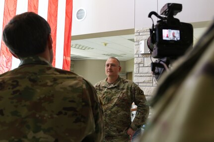 Maj. James Marshall, health services human resource officer, Kansas Medical Detachment, prepares for an interview with Guard media to discuss the Joint Task Force in Topeka, Kansas, April 30, 2020.