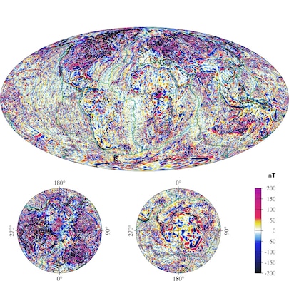 The crustal field, shown here, is weaker than the core field, but is fixed and has features that are useful in non-GPS navigation. The intensity of the fields are measured in nano teslas (nT), shown increasing in strength from blue to red. (Graphic courtesy of NOAA)