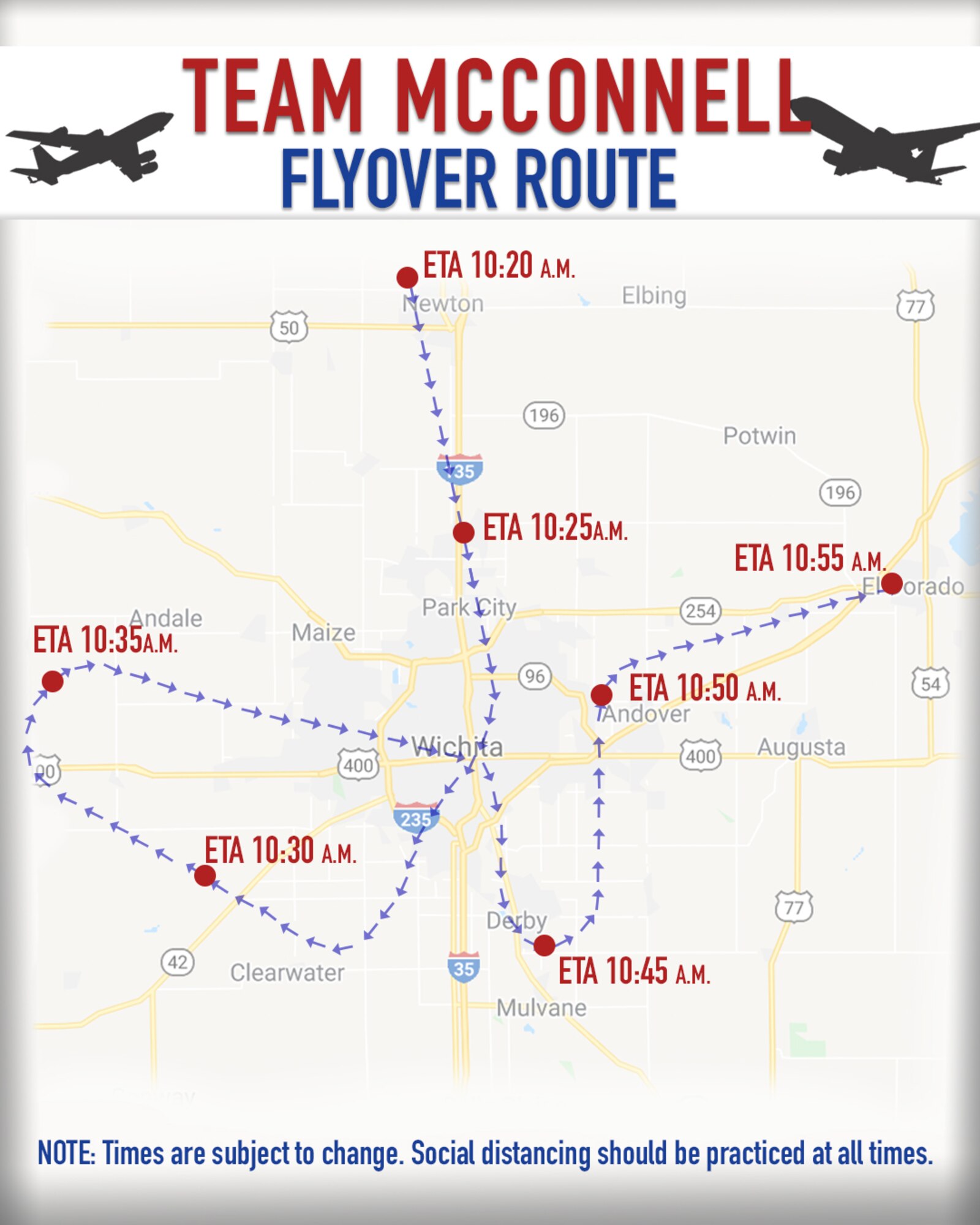 Team McConnell America Strong flyover route graphic taking place Wed, 6May2020