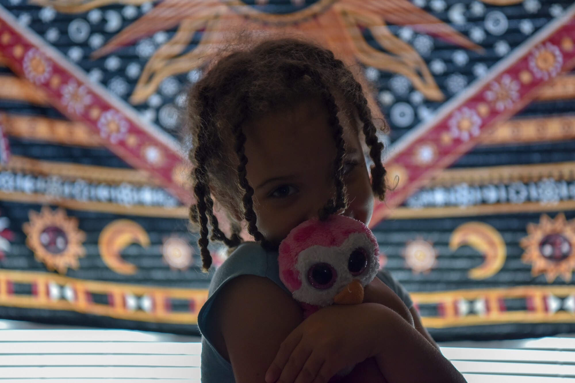 Akira Arzu-Davis, holds a stuffed animal while her father, Airman 1st Class Cory J. Davis, a photojournalist assigned to the 628th Air Base Wing Public Affairs Office, teleworks from home at Joint Base Charleston, S.C., April 28, 2020. Families are encouraged to practice physical distancing during the COVID-19 pandemic. One way to practice physical distancing is by staying indoors.