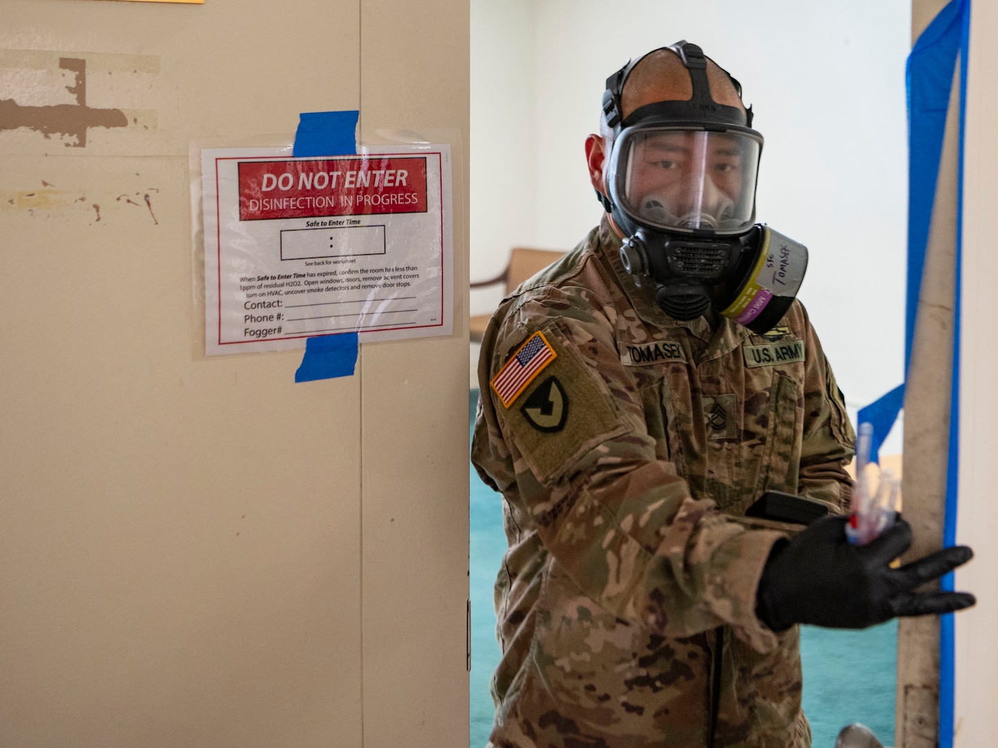 Sgt. 1st Class Brian Tomasek with the West Virginia National Guard’s Task Force Chemical, Biological, Radiological and Nuclear (CBRN) Response Enterprise collects swabs from a conference room after it was sanitized with a Aerosolized Hydrogen Peroxide system as part of a demonstration of its disinfection capabilities at the West Virginia Capitol Complex in Charleston, West Virginia, April 29, 2020.