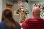 West Virginia National Guard Sgt. 1st Class Roy Copeland demonstrates to youth care workers at the Davis Child Shelter on recommended sanitary and personal safety procedures during the ongoing COVID-19 pandemic in Charleston, West Virginia, May 04, 2020. Members of the West Virginia National Guard are providing training opportunities for private sector partners including grocery, retail, and other businesses throughout West Virginia in an effort to protect workers and customers and help slow the spread of the pandemic and mitigate public health threats. (U.S. Air National Guard photo by Master Sgt. Eugene Crist)