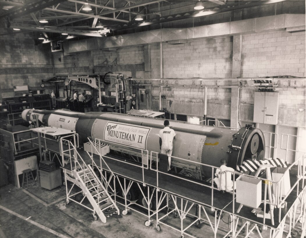 The first advanced Minuteman II missile sitting on a stand at Plant 77.